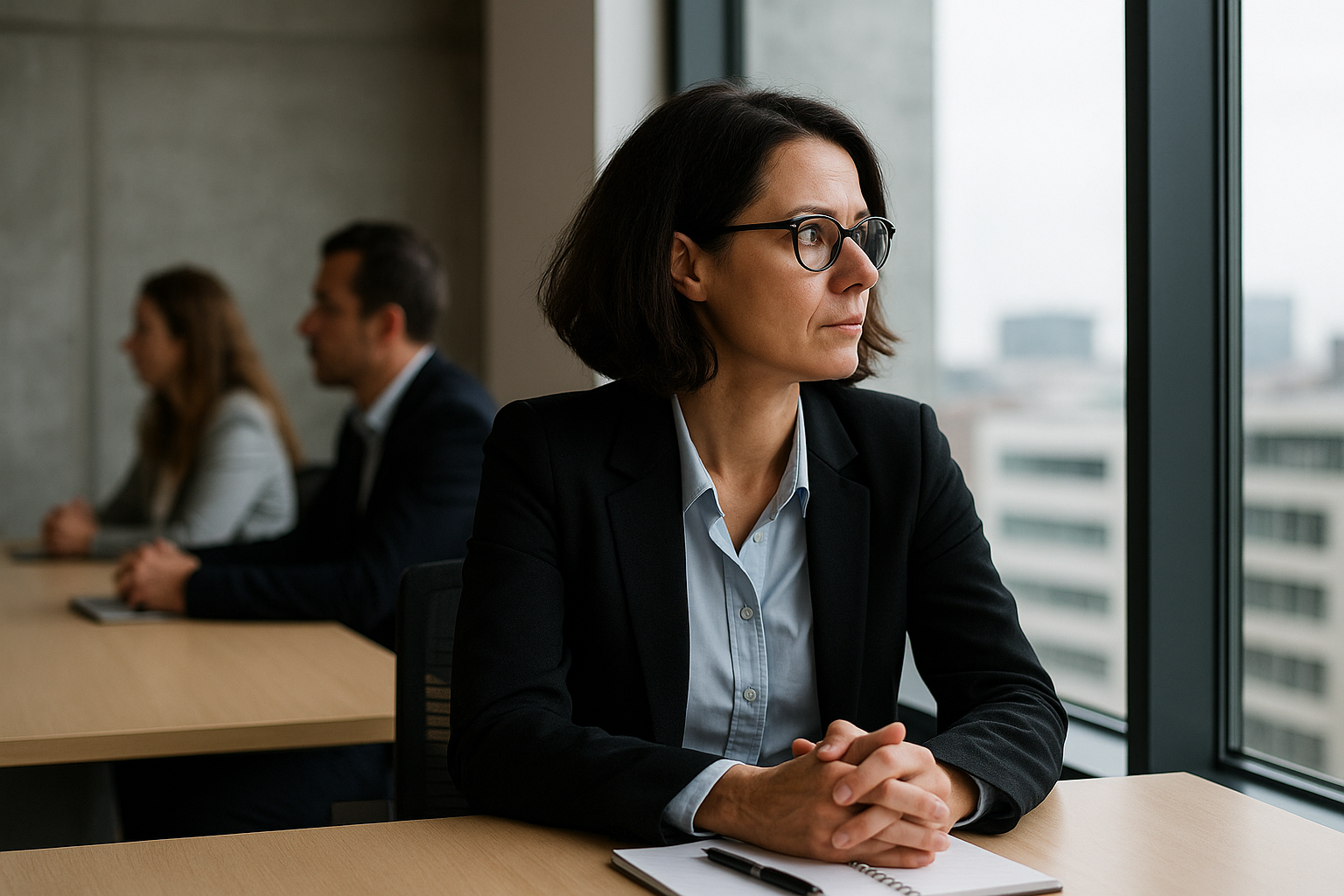 Frau schaut nachdenklich aus dem Fenster
